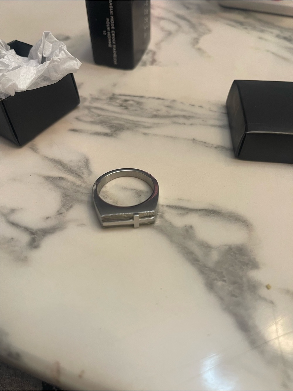 Stainless Steel Men's Cross Accent Ring - Silver